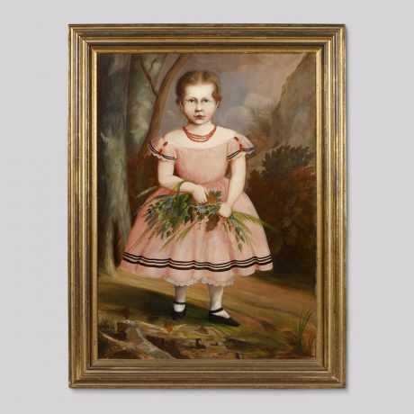 Full Length Portrait of a Young Girl Wearing a Pink Dress, Red Coral Necklace an